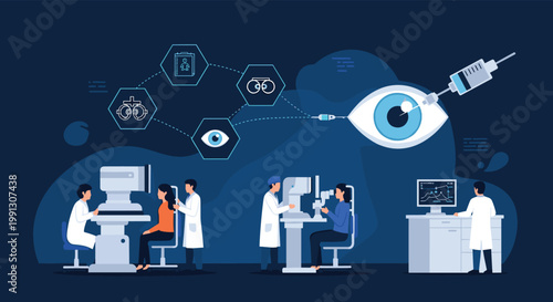 Modern ophthalmology clinic with doctors performing eye exams on patients and a large graphic detailing surgical vision procedures.