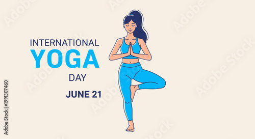 International Yoga Day June 21: Woman in Tree Pose, Blue Yoga Outfit