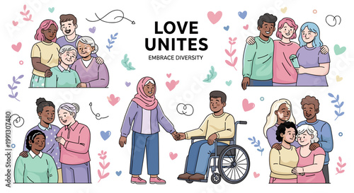 Diverse groups of people embracing love and unity, featuring various ages, ethnicities, and abilities, with 'LOVE UNITES' text.