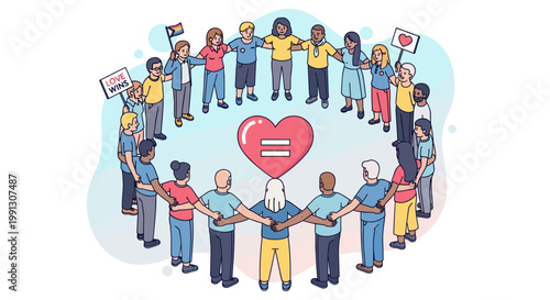 Diverse group of people holding hands in a circle around a heart with an equals sign, symbolizing unity, equality, and community.