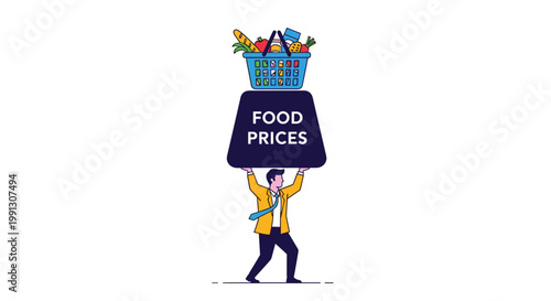 Stressed businessman struggles to lift a massive weight representing rising food prices topped with a full grocery shopping basket.