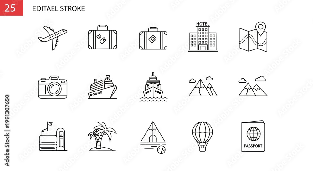 Fototapeta premium Travel Icons Set: Airplane, Suitcase, Hotel, Map, Camera, Ship, Mountains, Passport
