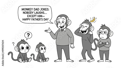 Monkey Family Father's Day: A comical illustration of a monkey family, humorously reacting to a dad joke, emphasizing the theme of Father's Day. 