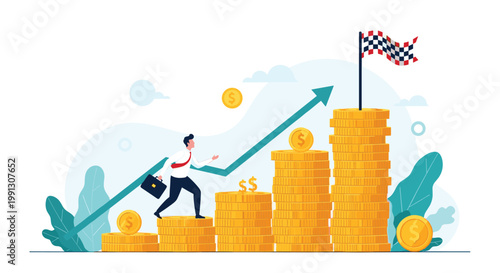 Ambitious businessman climbs a staircase made of gold coin stacks toward a finish line flag representing financial success and goals.