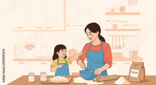 Happy mother and her young daughter enjoy a bonding moment while baking fresh bread together in a bright and well-equipped home kitchen.