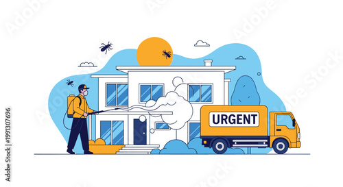 Professional pest control worker sprays a specialized treatment around a residential house to eliminate harmful insects and pests.