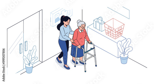 Compassionate young caregiver assists an elderly woman using a walker to navigate safely inside a bright and clean residential facility.