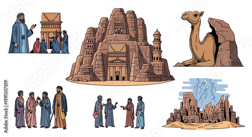 Archaeology set displays ancient desert monuments and traditional.