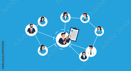 Human resources concept showing a central hiring manager connected to a network of diverse potential candidates and employee profiles.