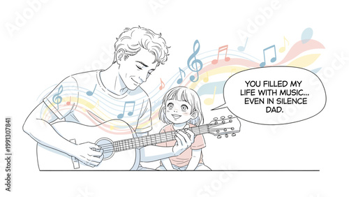 Father's Musical Serenade: A tender illustration depicts a father playing a guitar for his daughter, a sweet melody of familial love and musical connection, resonating with warmth and sentiment.