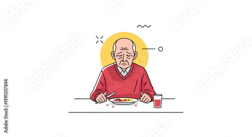 Lonely and sad senior man sits alone at a dining table with a sparse meal, representing social isolation and the struggles of aging.