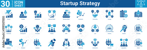 Startup Strategy editable icon set vector illustration concept for business with icon of Startup, Founder, Entrepreneur, Business Model, Business Model, Investment, Partnership, Strategy, Plan, Guide.