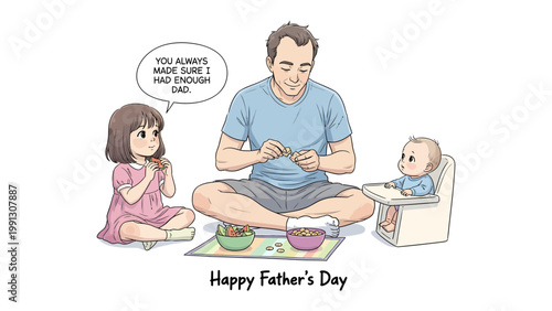 Happy Father's Day: A tender scene of a father with his two children on Father's Day. The father, seated cross-legged, engaged with his two children, creating a heartwarming moment.