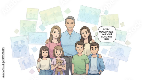 Family Portrait: A heart-warming illustration of a family surrounded by cherished memories, with a message of love, creating a sentimental and loving atmosphere.