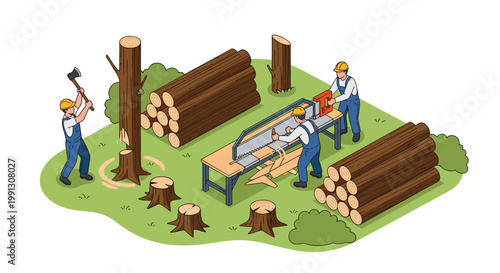 Isometric illustration of professional lumberjacks working in forest to chop trees and process wood logs on workbench.