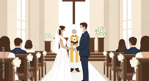 Wedding ceremony in modern church featuring bride and groom exchanging vows while wearing protective face masks for safety.