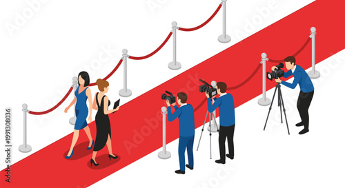 Famous celebrities walking on red carpet while professional paparazzi take photos with cameras at glamorous evening event.