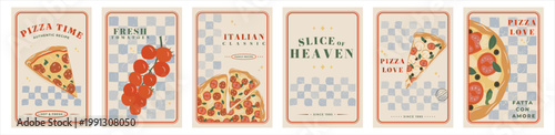 Set of pizza posters on a vintage checkered background. Retro typographic food advertising for a pizzeria. Illustration of a classic Italian dish with a tomato and slice for a restaurant-cafe menu.