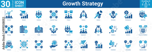 Growth Strategy editable icon set vector illustration concept for business with icon of Demand, Demand, Customer, Customer Target, Product, Features, Solution, Innovation, Development, Marketing.