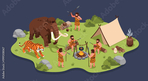 Prehistoric primitive humans gathered at campsite with tent and fire surrounded by mammoth and saber-toothed tiger in nature.