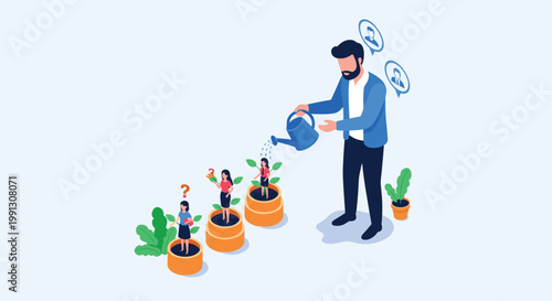 Metaphorical illustration of professional mentor watering young businesswomen growing in pots to symbolize career development.