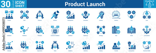 Product Launch editable icon set vector illustration concept for business with icon of Product, MVP, Features, Solution, Development, Innovation, Creation, Iteration, Lean, Lean, Validation.