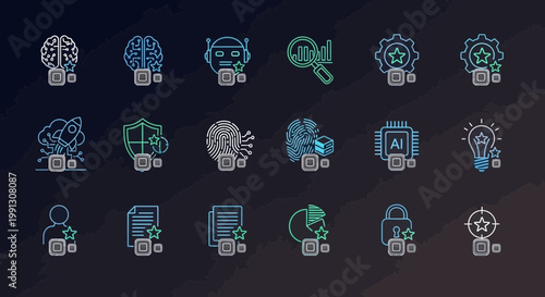 AI and Technology Icons: Brain, Robot, Data, Security, Innovation, AI Chip, Idea, User, Document, Analytics, Lock, Target