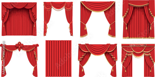 Red theater curtains set with luxury drapery stage decoration classic velvet backdrop collection isolated on white background