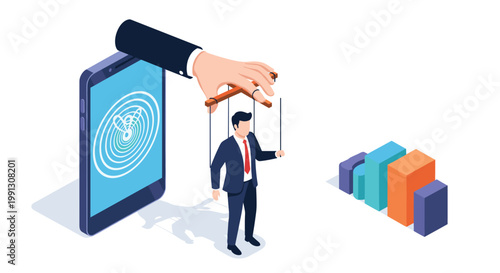 Conceptual illustration of giant hand emerging from smartphone to control businessman like puppet over financial charts.