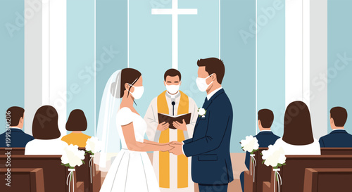 Solemn wedding ceremony inside church with bride and groom wearing masks during pandemic while surrounded by guests.