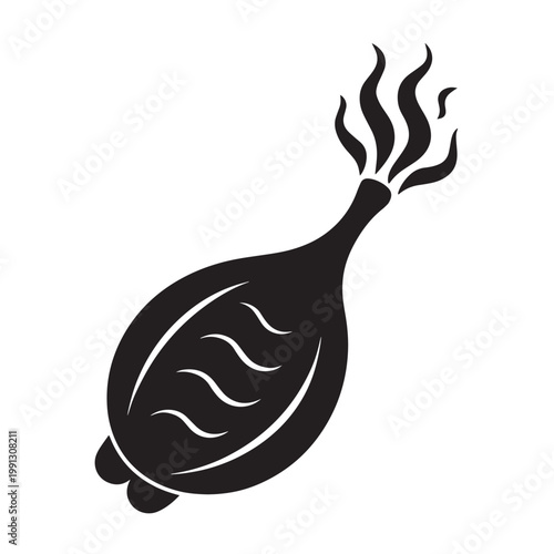 Stylized black and white illustration of an ear of corn with smoke or steam, a food item, simple vector graphic.