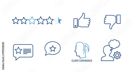 Customer feedback icons: rating stars, thumbs up/down, reviews, and client experience symbols