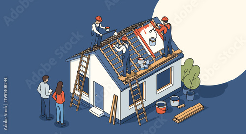 Professional construction team painting house roof while couple observes progress of their home renovation project from yard.