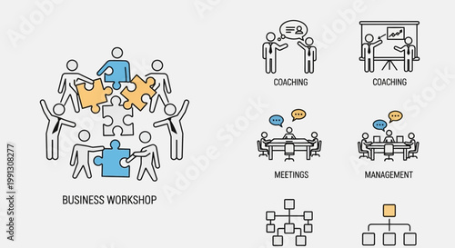 Business workshop team collaboration with puzzle pieces, coaching, meetings, management icons