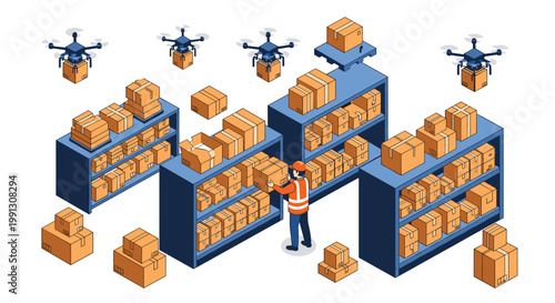 Modern warehouse scene with worker organizing boxes on shelves while autonomous delivery drones fly in background.