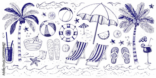 A whimsical hand drawn illustration depicting various beach themed objects