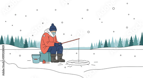 Peaceful scene of individual ice fishing on frozen lake during snowfall while wearing protective mask for outdoor safety.