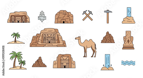 Stone structures and desert palms highlight ancient architectural.