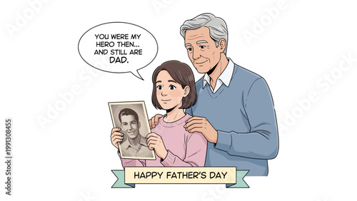 Father's Day Sentiment: A heartwarming moment unfolds as a daughter gazes upon a cherished photograph of her father in his youth. Her elderly father stands beside her, his arm gently around her.