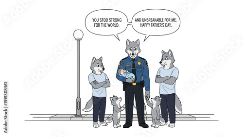 Father's Day Dedication: A heartwarming comic captures a family moment, showcasing a uniformed officer wolf, tenderly holding a newborn, celebrated by family members. This scene evokes themes of love.