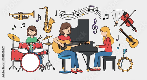 Young Women Playing Musical Instruments in a Creative Band Setting.
