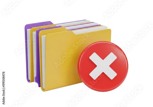 3d icon of stack of yellow and purple folders with a red cross symbol isolated on white isolated on transparent background