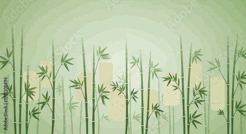 Serene Bamboo Forest Silhouette with Abstract Shapes, Tranquil East Asian Ambiance