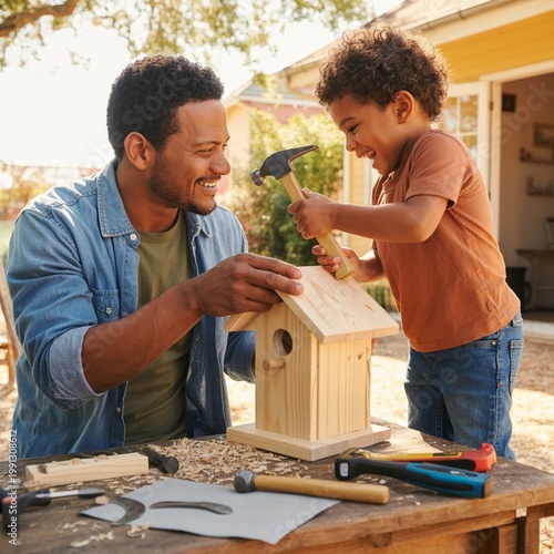 A mixed-race father and young son build a wooden birdhouse together on a sunny weekend patio. Natural daylight illuminates scattered tools, pine shavings, and half-assembled pieces. Both wear casual d