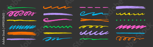 Line color brush crayon set. Underline brush crayon hand drawn pencil pen stroke marker color..Kid children doodle scribble wavy squiggle highlight texture grunge background. Vector illustration.