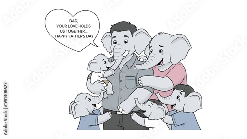 Happy Father's Day from the Elephant Family: An endearing illustration celebrates Father's Day with a family of elephants, expressing love and togetherness with a heart-warming message.