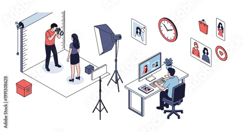 Busy photography studio featuring photographer working with model while editor processes digital images on computer.