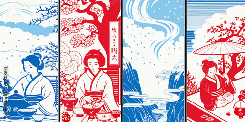 Traditional japanese art panels depicting women nature and cultural motifs