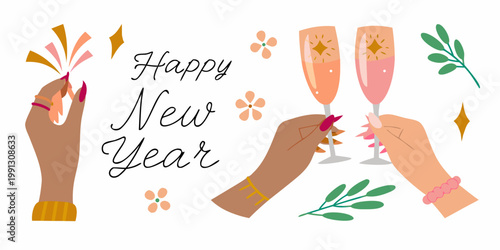 Celebratory illustration featuring champagne glasses hands and new year wishes
