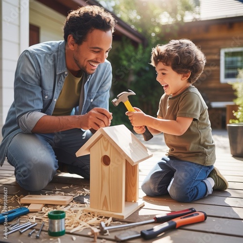 A mixed-race father and young son build a wooden birdhouse together on a sunny weekend patio. Natural daylight illuminates scattered tools, pine shavings, and half-assembled pieces. Both wear casual d